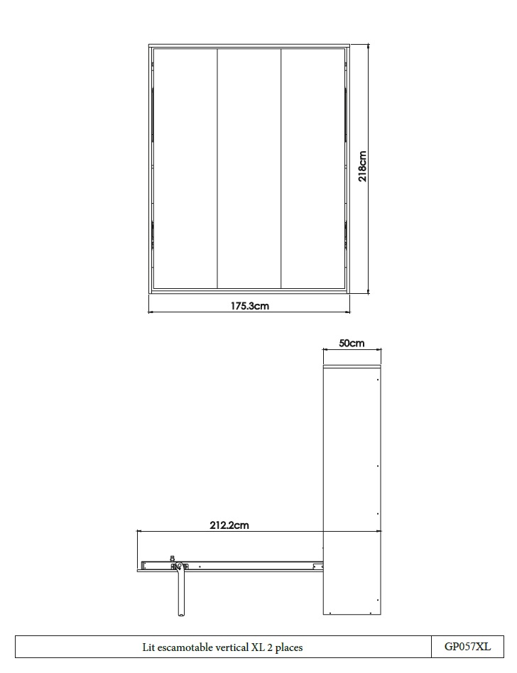 lit escamotable verticale XL 2 places dimensions