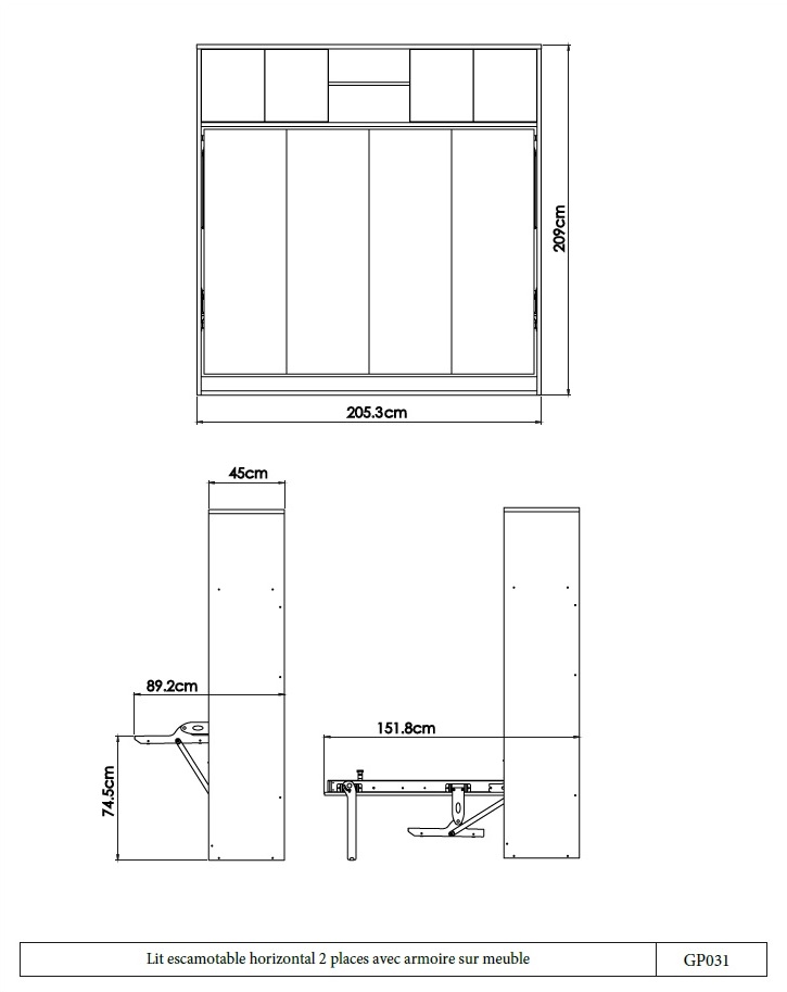 Lit escamotable horizontal 2 places armoire sur meuble dimensions