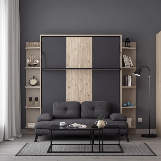 Lit escamotable verticale 2 places Smart avec étagère servant pieds