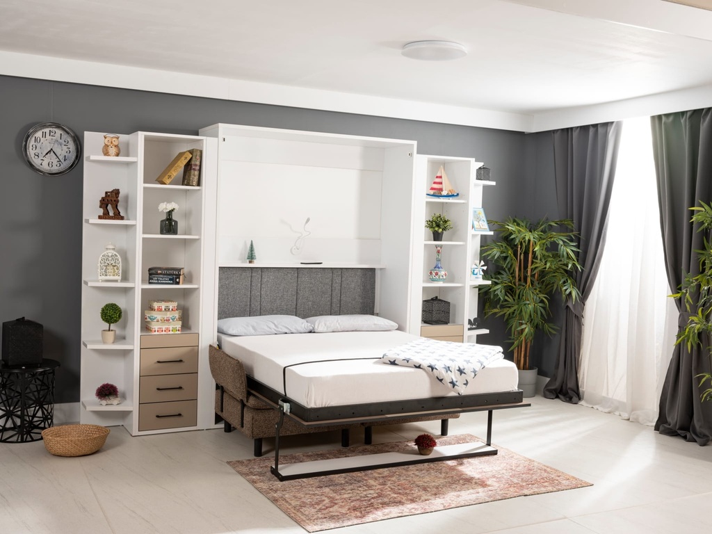 Lit escamotable verticale 2 places Smart déplié avec étagère multiple et armoire bibliothèque et matelas