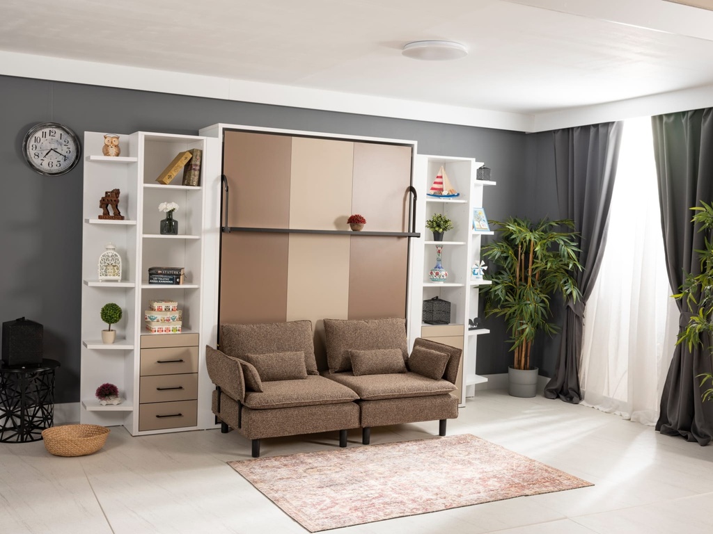 Lit escamotable verticale 2 places Smart avec canapés 2 places étagères servant de pieds et armoires bibliothèques