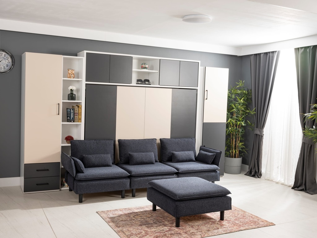 Lit escamotable horizontal 2 places armoire sur meuble avec repose pieds