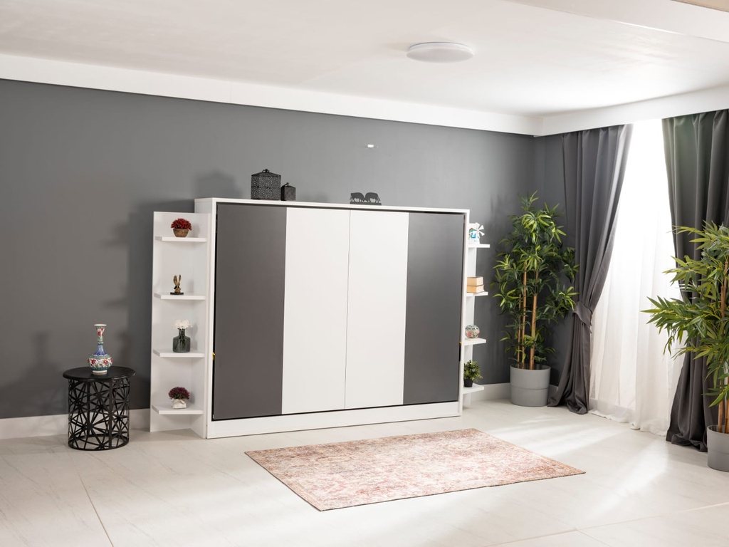 Lit escamotable horizontal 2 places avec étagères multiples