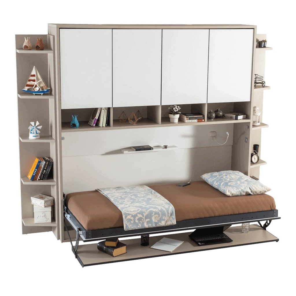 Lit escamotable horizontal 1 place avec armoire, 90 × 190 cm